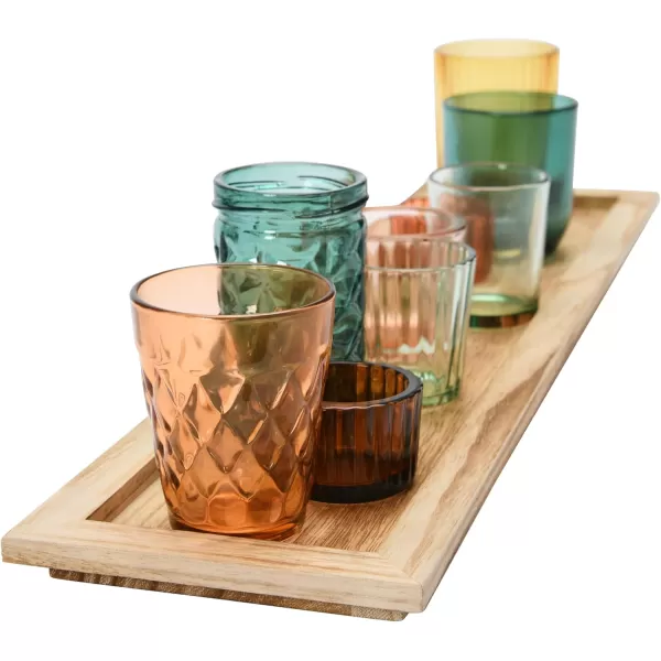 Wood Tray with 9 Brown Glass Votive Holders Set of 10 PiecesYellowGreen