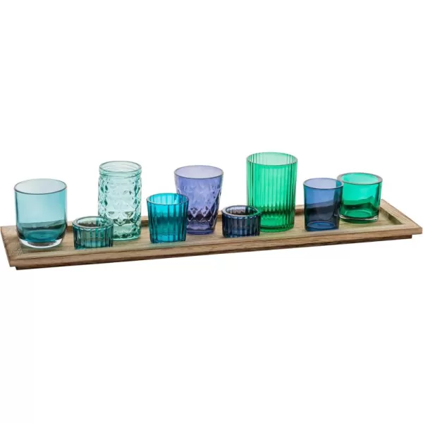 Wood Tray with 9 Brown Glass Votive Holders Set of 10 PiecesBlues