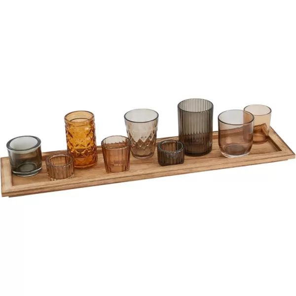 Wood Tray with 9 Brown Glass Votive Holders Set of 10 PiecesBrowns