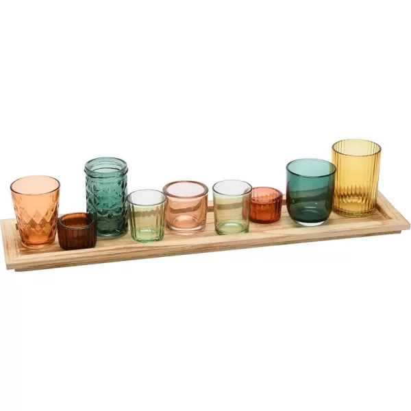 Wood Tray with 9 Brown Glass Votive Holders Set of 10 PiecesYellowGreen