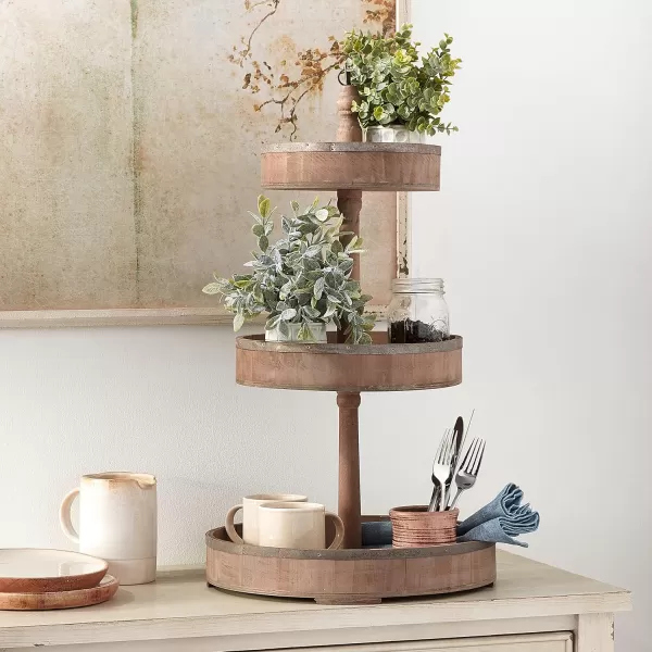 Creative CoOp Decorative Wood ampamp Tin 3 Tier TrayNatural Wood