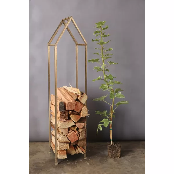Creative CoOp Metal HouseShaped Fire Wood Holder with Handle Gold FinishGold