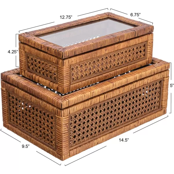 Creative CoOp Modern Decorative Square Woven Rattan and Wood Display Boxes with Glass Top Set of 2 Sizes Natural FinishDark Brown