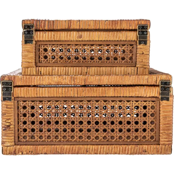 Creative CoOp Modern Decorative Square Woven Rattan and Wood Display Boxes with Glass Top Set of 2 Sizes Natural FinishDark Brown