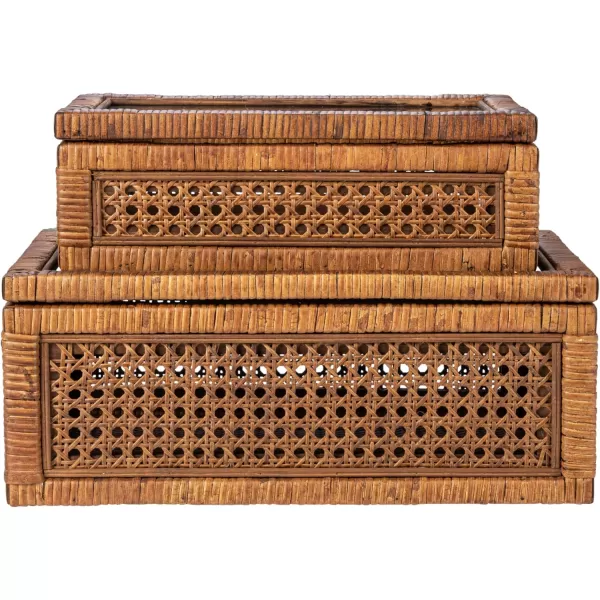 Creative CoOp Modern Decorative Square Woven Rattan and Wood Display Boxes with Glass Top Set of 2 Sizes Natural FinishDark Brown