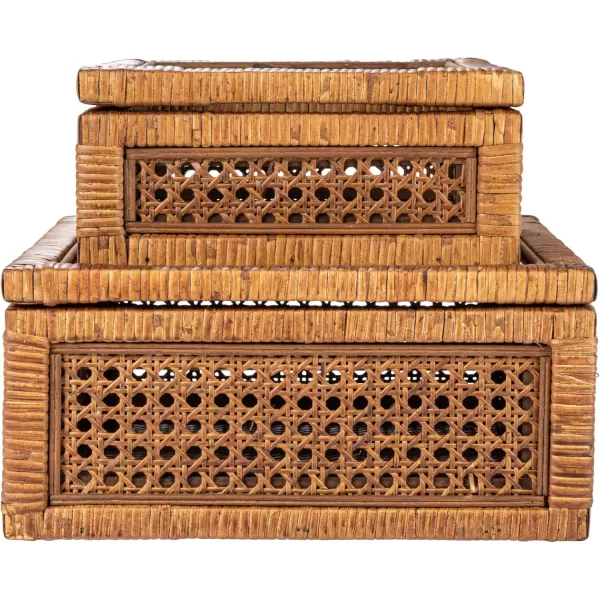 Creative CoOp Modern Decorative Square Woven Rattan and Wood Display Boxes with Glass Top Set of 2 Sizes Natural FinishDark Brown
