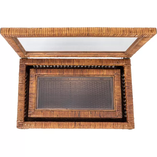 Creative CoOp Modern Decorative Square Woven Rattan and Wood Display Boxes with Glass Top Set of 2 Sizes Natural FinishDark Brown