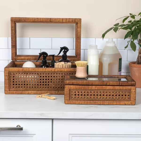 Creative CoOp Modern Decorative Square Woven Rattan and Wood Display Boxes with Glass Top Set of 2 Sizes Natural FinishDark Brown