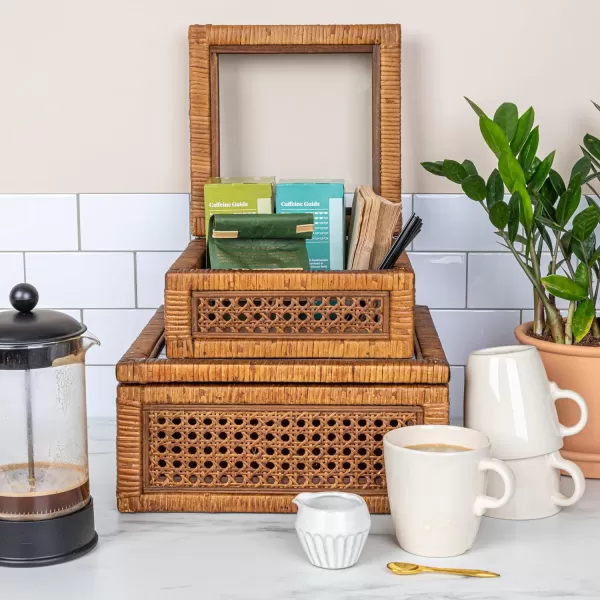 Creative CoOp Modern Decorative Square Woven Rattan and Wood Display Boxes with Glass Top Set of 2 Sizes Natural FinishDark Brown
