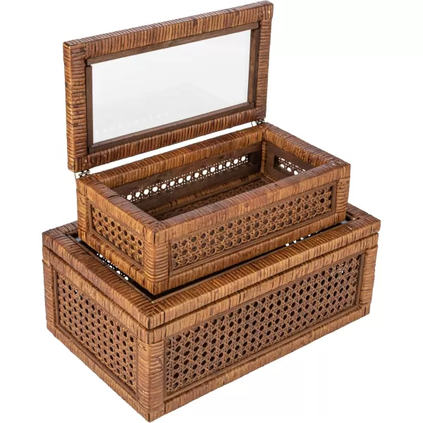 Creative CoOp Modern Decorative Square Woven Rattan and Wood Display Boxes with Glass Top Set of 2 Sizes Natural FinishDark Brown