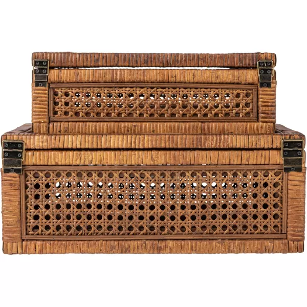 Creative CoOp Modern Decorative Square Woven Rattan and Wood Display Boxes with Glass Top Set of 2 Sizes Natural FinishDark Brown