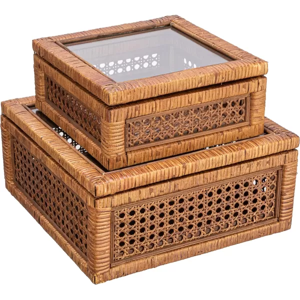 Creative CoOp Modern Decorative Square Woven Rattan and Wood Display Boxes with Glass Top Set of 2 Sizes Natural FinishDark Brown