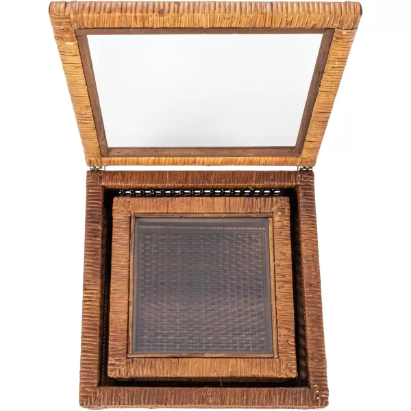 Creative CoOp Modern Decorative Square Woven Rattan and Wood Display Boxes with Glass Top Set of 2 Sizes Natural FinishDark Brown