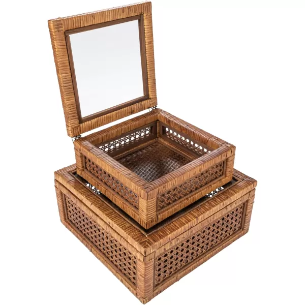 Creative CoOp Modern Decorative Square Woven Rattan and Wood Display Boxes with Glass Top Set of 2 Sizes Natural FinishDark Brown
