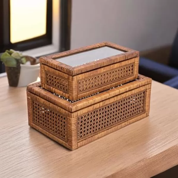 Creative CoOp Modern Decorative Square Woven Rattan and Wood Display Boxes with Glass Top Set of 2 Sizes Natural FinishDark Brown