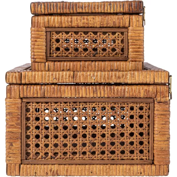 Creative CoOp Modern Decorative Square Woven Rattan and Wood Display Boxes with Glass Top Set of 2 Sizes Natural FinishDark Brown