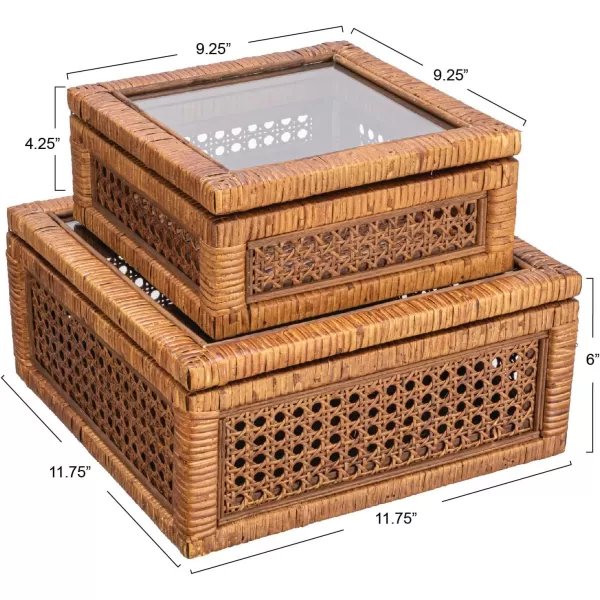 Creative CoOp Modern Decorative Square Woven Rattan and Wood Display Boxes with Glass Top Set of 2 Sizes Natural FinishDark Brown