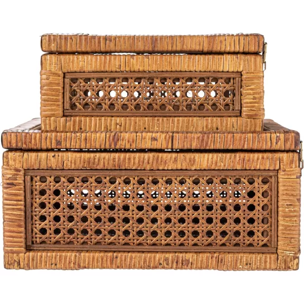 Creative CoOp Modern Decorative Square Woven Rattan and Wood Display Boxes with Glass Top Set of 2 Sizes Natural FinishDark Brown