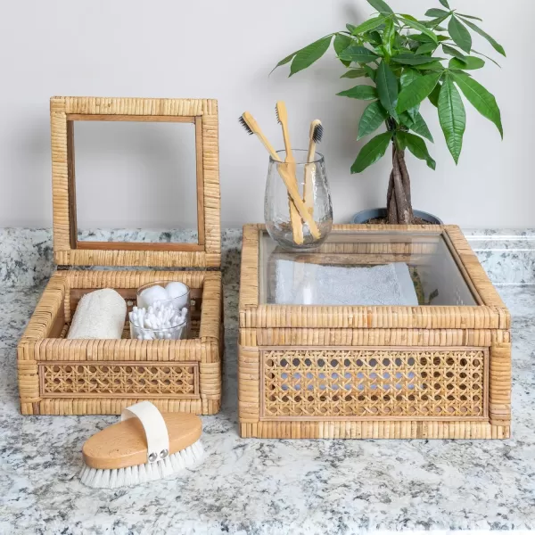 Creative CoOp Modern Decorative Square Woven Rattan and Wood Display Boxes with Glass Top Set of 2 Sizes Natural FinishNatural