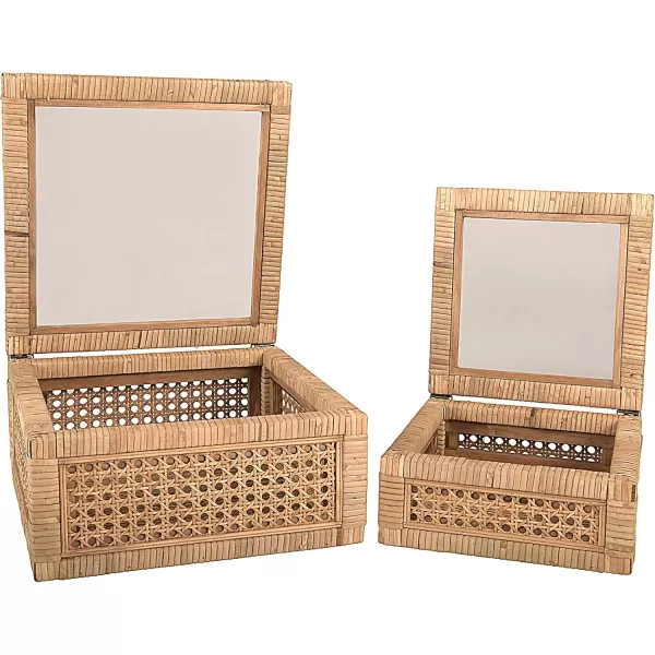 Creative CoOp Modern Decorative Square Woven Rattan and Wood Display Boxes with Glass Top Set of 2 Sizes Natural FinishNatural
