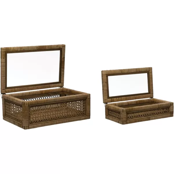 Creative CoOp Modern Decorative Square Woven Rattan and Wood Display Boxes with Glass Top Set of 2 Sizes Natural FinishNatural