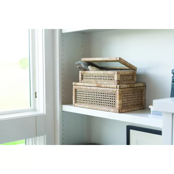 Creative CoOp Modern Decorative Square Woven Rattan and Wood Display Boxes with Glass Top Set of 2 Sizes Natural FinishNatural