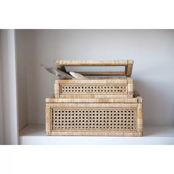Creative CoOp Modern Decorative Square Woven Rattan and Wood Display Boxes with Glass Top Set of 2 Sizes Natural FinishNatural