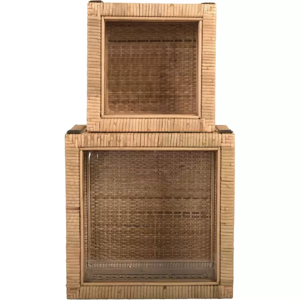 Creative CoOp Modern Decorative Square Woven Rattan and Wood Display Boxes with Glass Top Set of 2 Sizes Natural FinishNatural