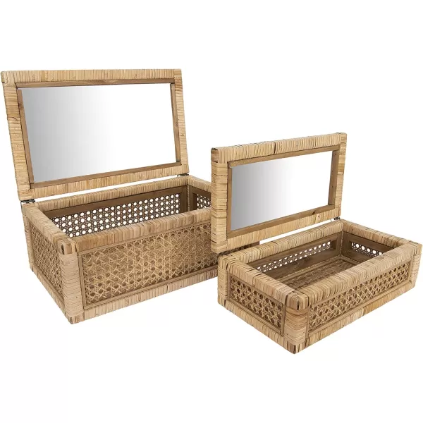 Creative CoOp Modern Decorative Square Woven Rattan and Wood Display Boxes with Glass Top Set of 2 Sizes Natural FinishNatural