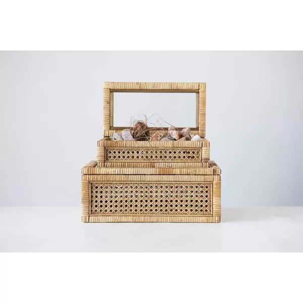 Creative CoOp Modern Decorative Square Woven Rattan and Wood Display Boxes with Glass Top Set of 2 Sizes Natural FinishNatural