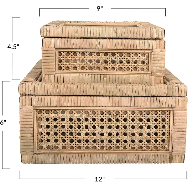 Creative CoOp Modern Decorative Square Woven Rattan and Wood Display Boxes with Glass Top Set of 2 Sizes Natural FinishNatural