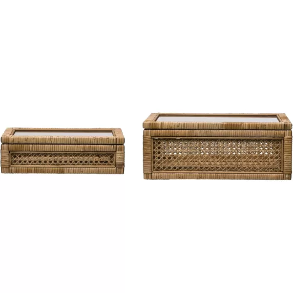 Creative CoOp Modern Decorative Square Woven Rattan and Wood Display Boxes with Glass Top Set of 2 Sizes Natural FinishNatural