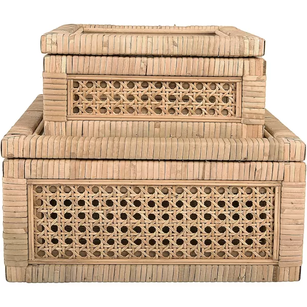 Creative CoOp Modern Decorative Square Woven Rattan and Wood Display Boxes with Glass Top Set of 2 Sizes Natural FinishNatural