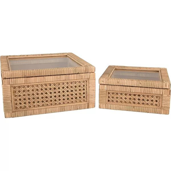 Creative CoOp Modern Decorative Square Woven Rattan and Wood Display Boxes with Glass Top Set of 2 Sizes Natural FinishNatural