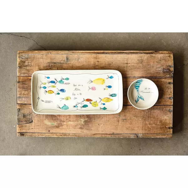 Creative CoOp Rectangle Stoneware Plate with Fish Images and Matching Bowl