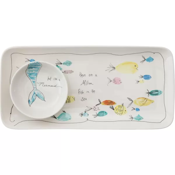 Creative CoOp Rectangle Stoneware Plate with Fish Images and Matching Bowl