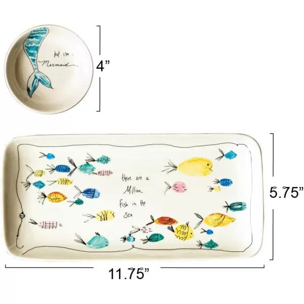 Creative CoOp Rectangle Stoneware Plate with Fish Images and Matching Bowl