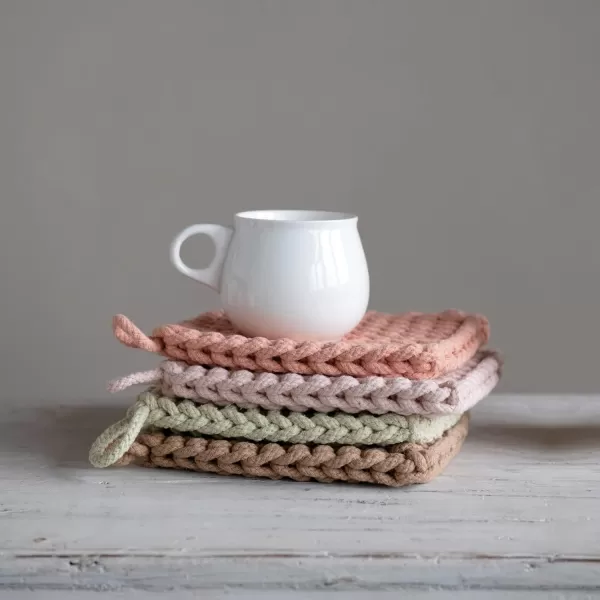 Creative CoOp Square Cotton Crocheted Potholder 4 Colors Entertaining Textiles Multi