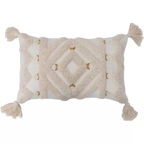 Creative CoOp Cotton Tufted Lumbar Embroidery and Tassels Pillow 20quot L x 12quot W x 2quot H Cream