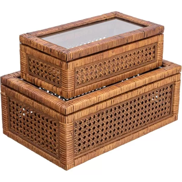 Creative CoOp Modern Decorative Square Woven Rattan and Wood Display Boxes with Glass Top Set of 2 Sizes Natural FinishDark Brown
