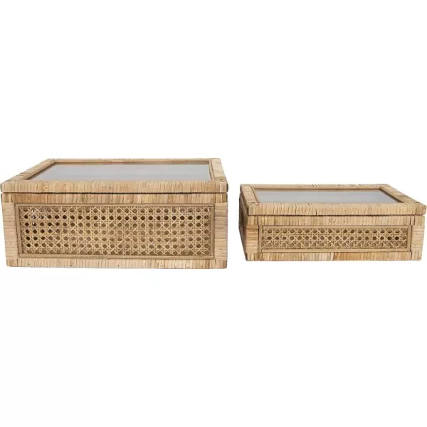 Creative CoOp Modern Decorative Square Woven Rattan and Wood Display Boxes with Glass Top Set of 2 Sizes Natural FinishNatural