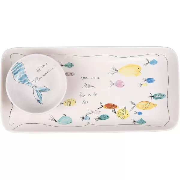Creative CoOp Rectangle Stoneware Plate with Fish Images and Matching Bowl