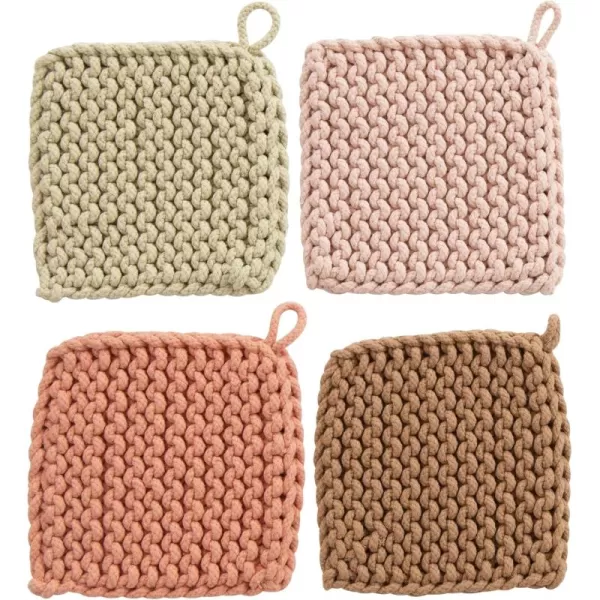 Creative CoOp Square Cotton Crocheted Potholder 4 Colors Entertaining Textiles Multi