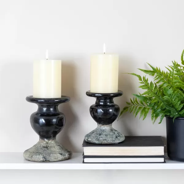 Creative CoOp 2Tone Sculptural Terracotta Pillar Candle Holder Distressed GreenBlack