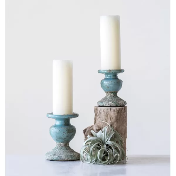 Creative CoOp 2Tone Sculptural Terracotta Pillar Candle Holder Distressed GreenBlue