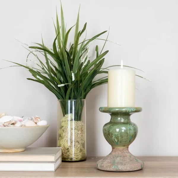 Creative CoOp 2Tone Sculptural Terracotta Pillar Candle Holder Distressed GreenGreen