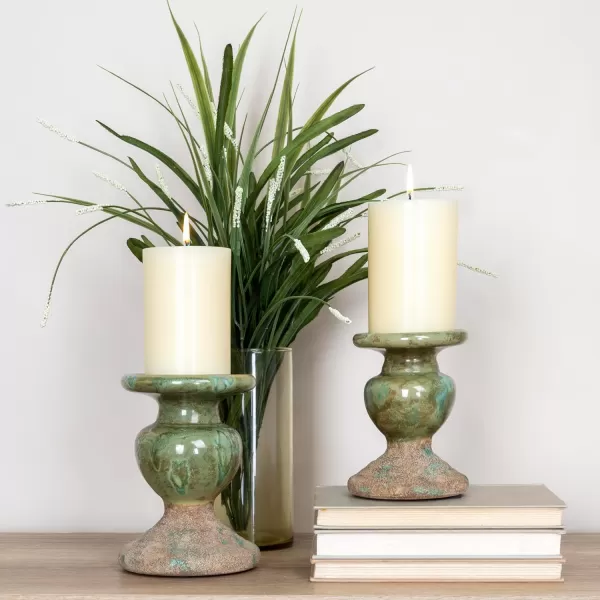 Creative CoOp 2Tone Sculptural Terracotta Pillar Candle Holder Distressed GreenGreen