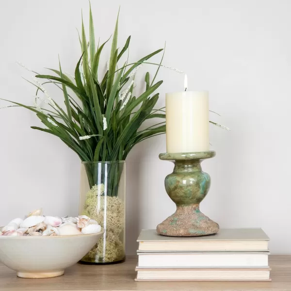 Creative CoOp 2Tone Sculptural Terracotta Pillar Candle Holder Distressed GreenGreen