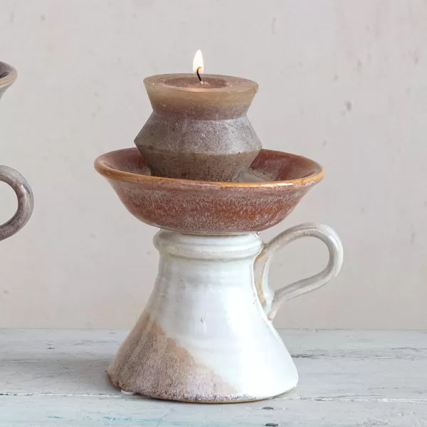 Creative CoOp 525 Inches Stoneware Handle and Reactive Glaze for 5 Inches Pillar Brown Candle Holder
