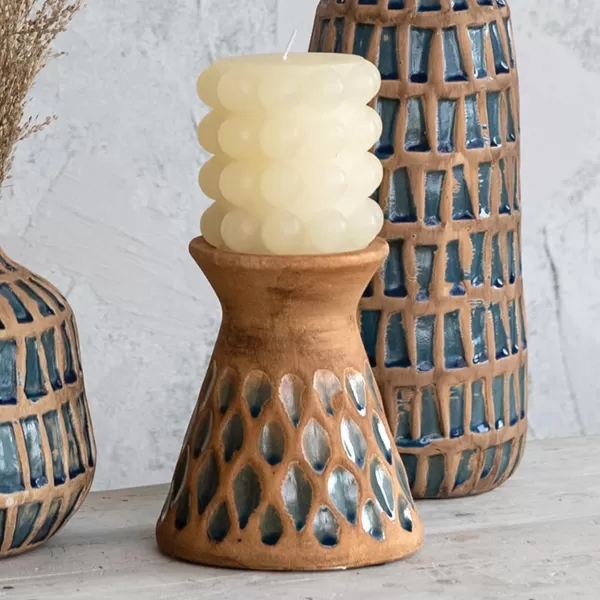 Creative CoOp 65 Inches Debossed TerraCotta 3 Inches Pillar Natural and Blue Candle Holder Terracotta